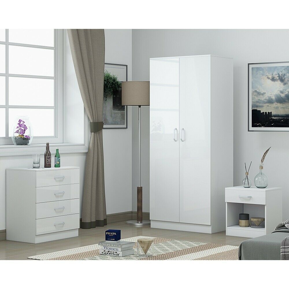 White Gloss Bedroom Furniture Set 3 Pieces Includes Wardrobe Chest Bedside Iqgb Uk