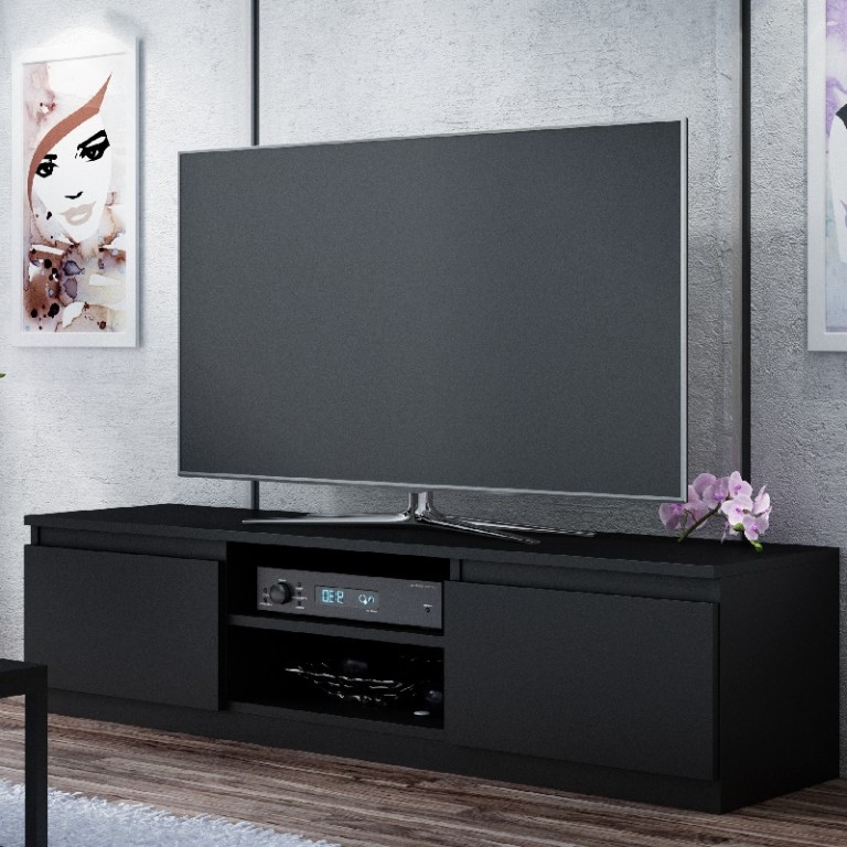 200cm Matt & Gloss Modern Black TV Unit with LED Lights. Can be wall ...