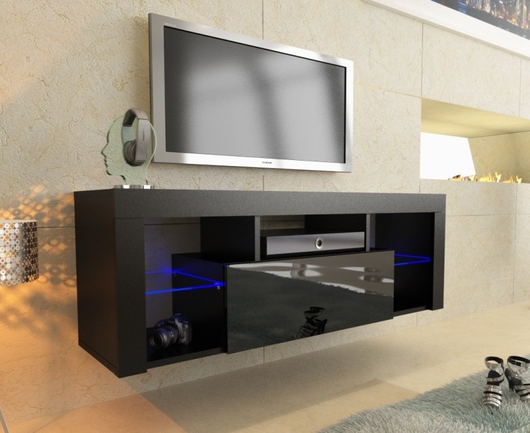 200cm Matt & Gloss Modern Black TV Unit with LED Lights. Can be wall ...