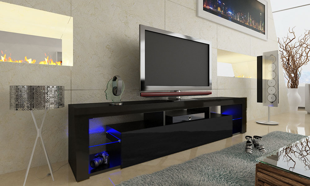 200cm Matt & Gloss Modern Black TV Unit with LED Lights. Can be wall ...